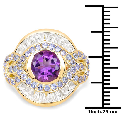 14K Yellow Gold Plated 3.93 Carat Genuine Amethyst, Tanzanite and White Topaz .925 Sterling Silver Ring Bids.com