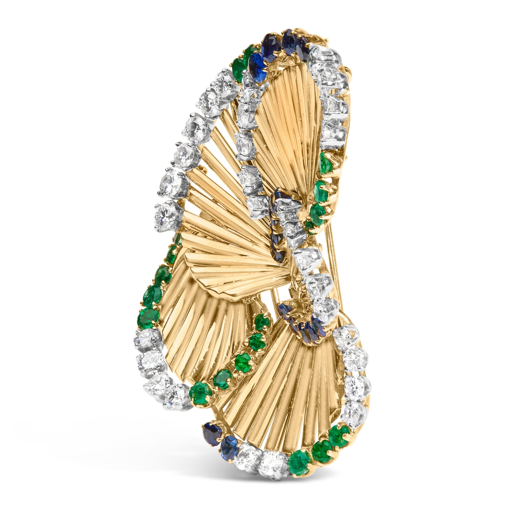 18K Yellow Gold 2 1/3 Cttw Diamond, Sapphire, and Emerald Sculpted Petal Brooch Pin (G-H Color, VS1-VS2 Clarity) Bids.com