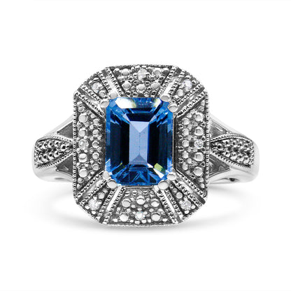 .925 Sterling Silver Diamond Accent and 8X6 mm Emerald-Shape Blue Topaz Ring (I-J Color, I2-I3 Clarity) - Ring Size 7 Bids.com