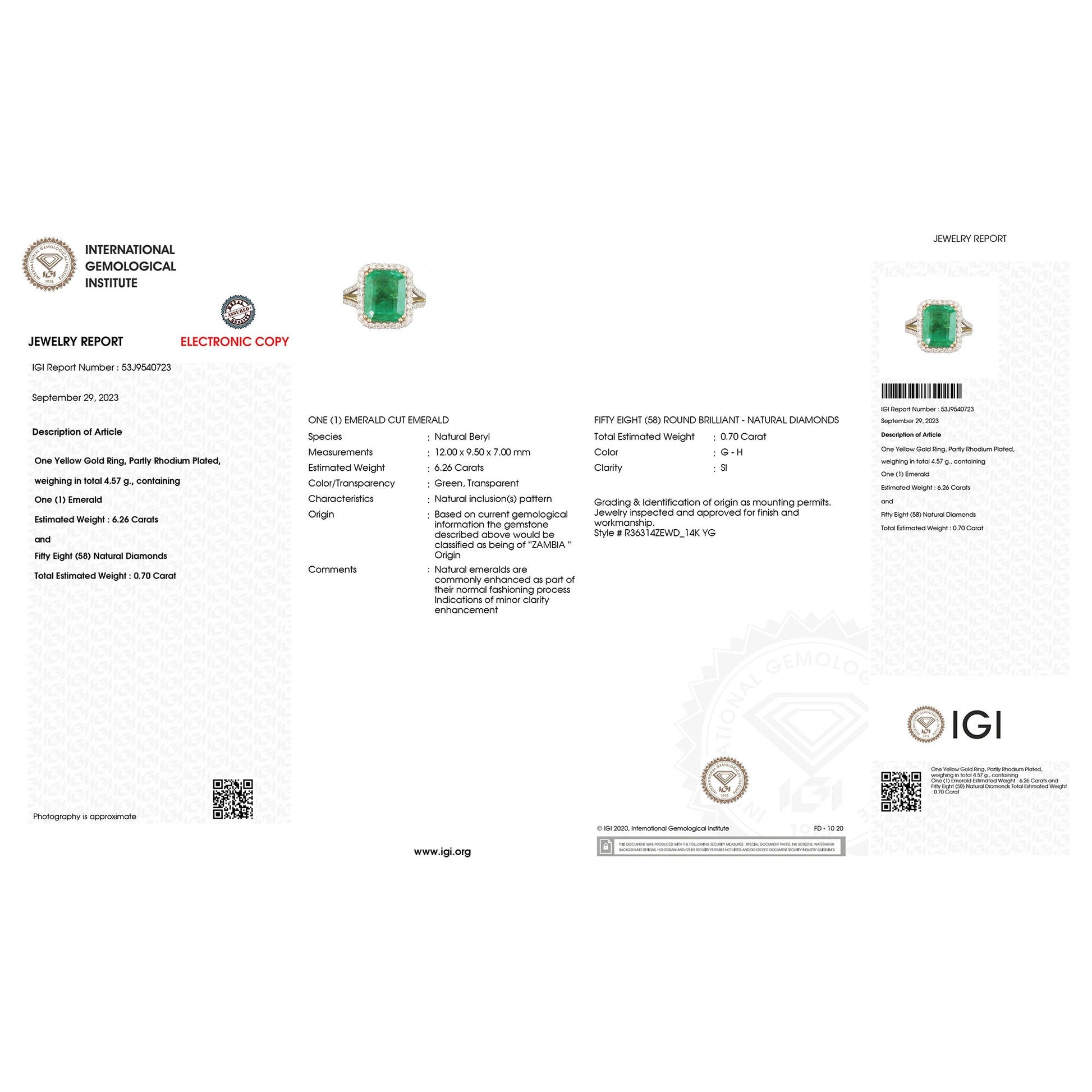 IGI Certified 6.96 Carat Genuine Zambian Emerald and White Diamond 14K Yellow Gold Ring Bids.com