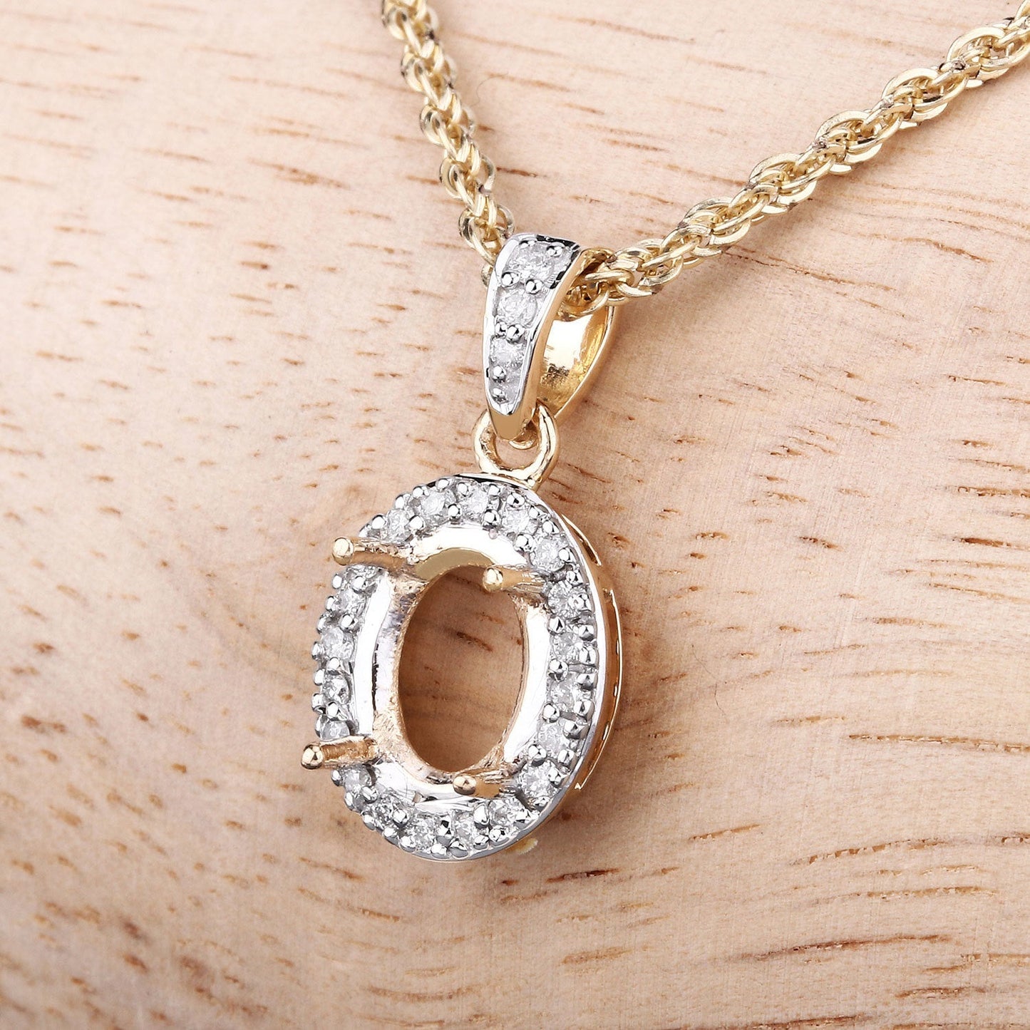 0.18 Carat Genuine White Diamond 14K Yellow Gold Semi Mount Pendant - holds 8x6mm Oval Gemstone Bids.com