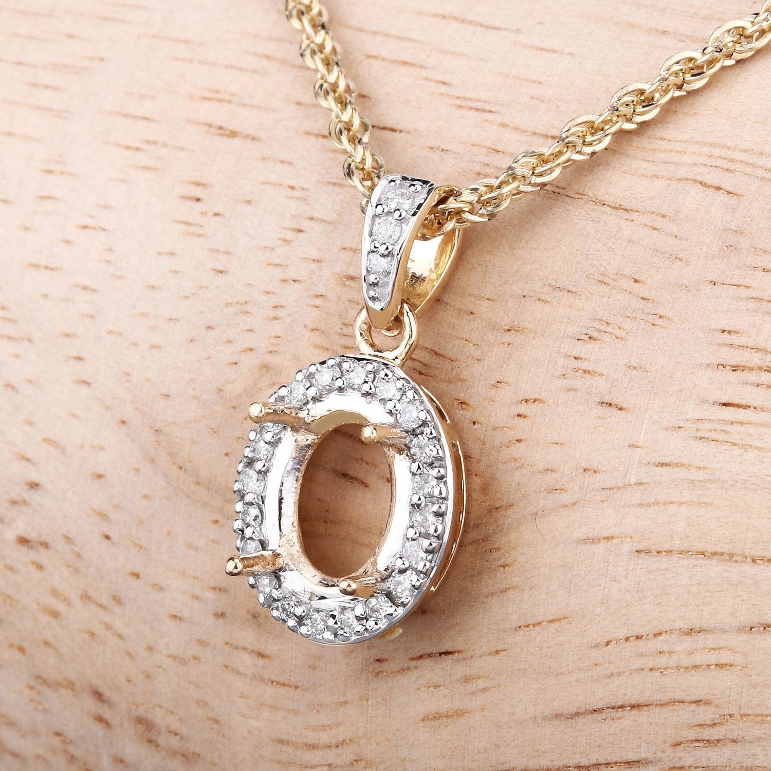 0.18 Carat Genuine White Diamond 14K Yellow Gold Semi Mount Pendant - holds 8x6mm Oval Gemstone Bids.com