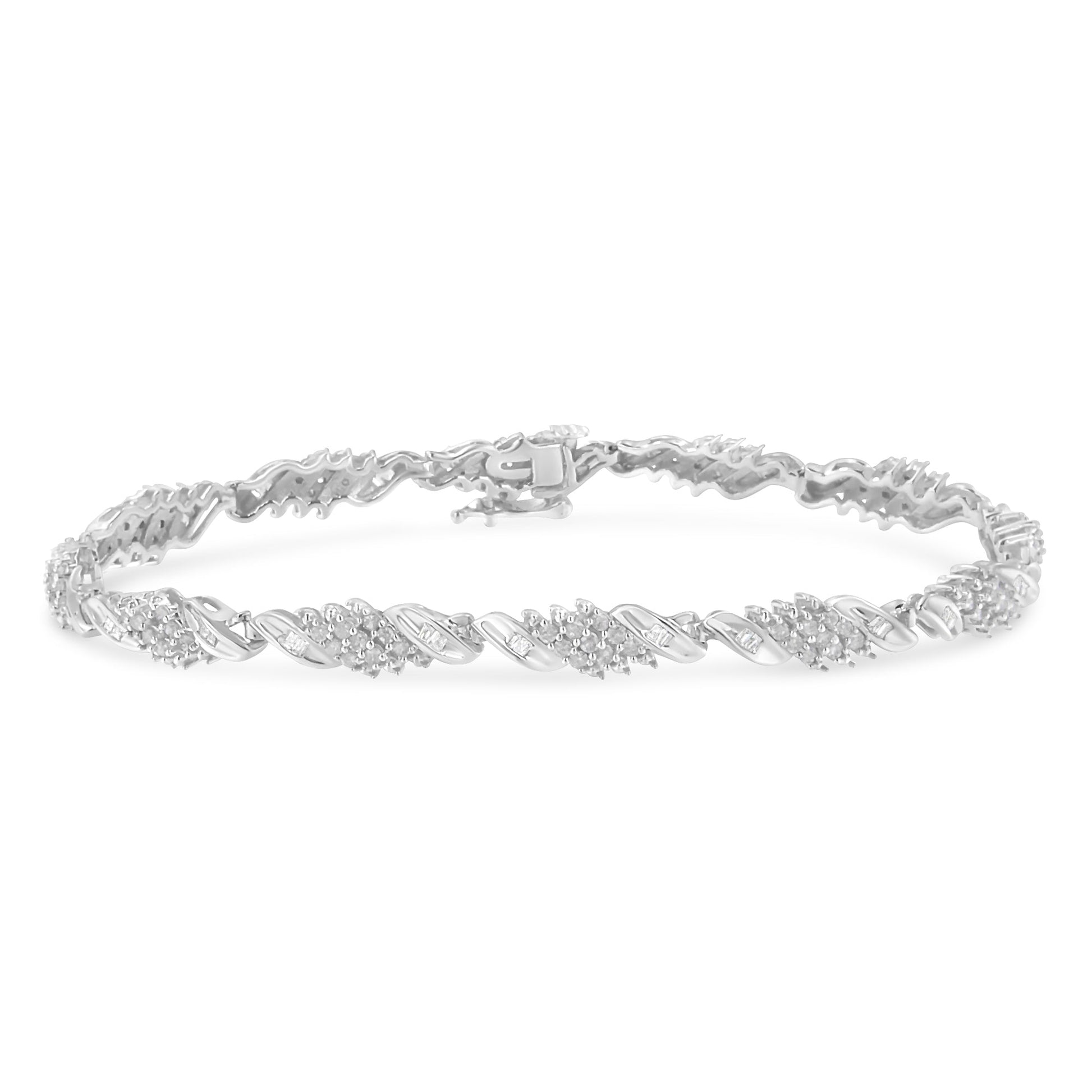 .925 Sterling Silver 1-1/2 Cttw Round and Baguette Cut Diamond Wave Link Bracelet (I-J Color, I2-I3 Clarity) - 7" Bids.com