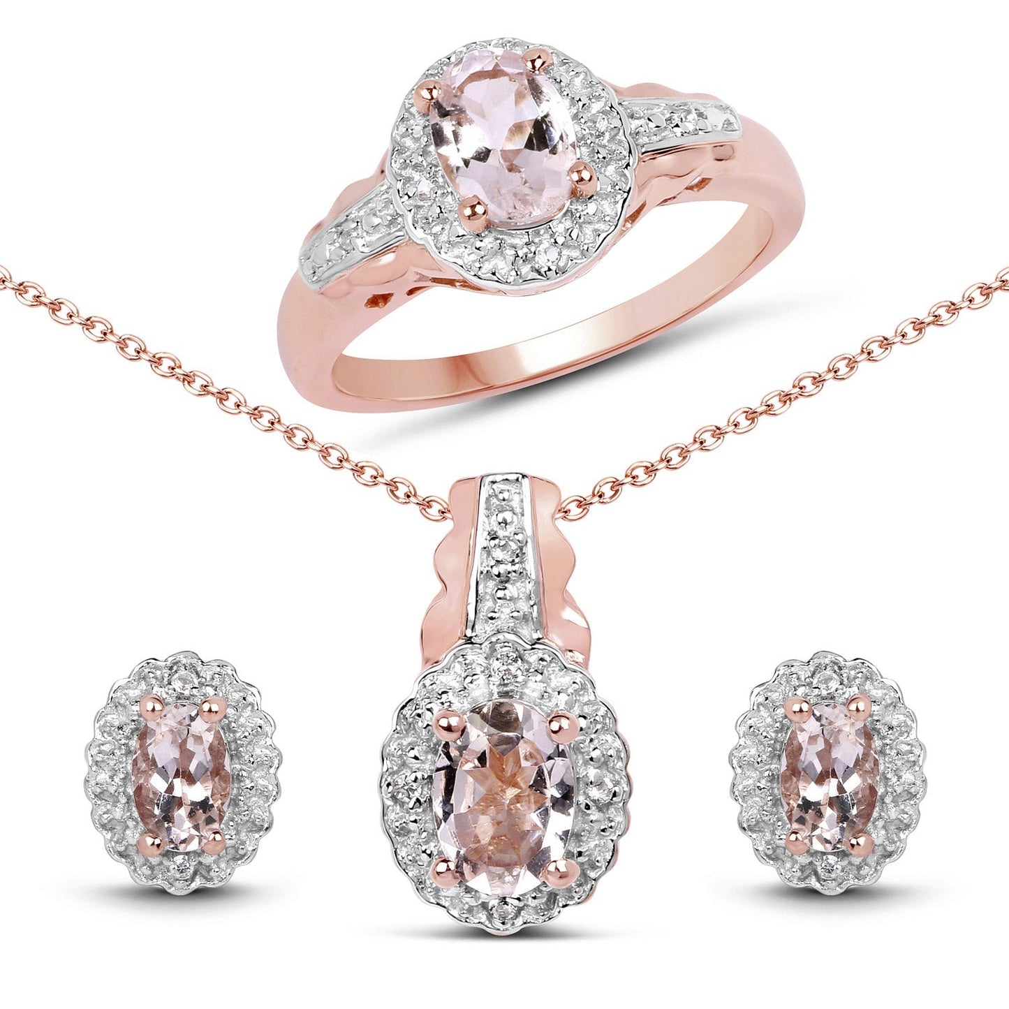 2.28 Carat Genuine Morganite and White Topaz .925 Sterling Silver 3 Piece Jewelry Set (Ring, Earrings, and Pendant w/ Chain) Bids.com