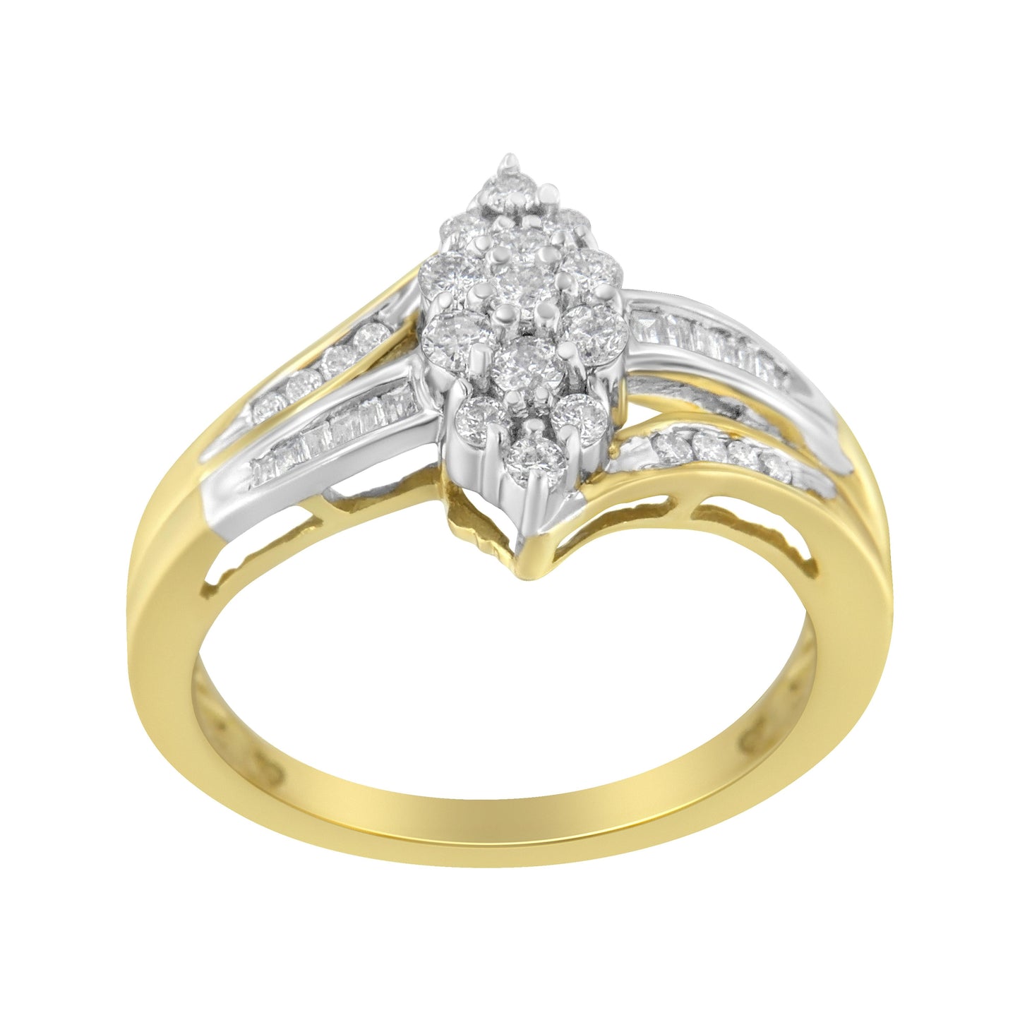 10K Yellow and White Gold 1/2 Cttw Diamond Marquise Shaped Cluster Split Shank Ring (H-I Color, SI2-I1 Clarity) - Size 7 Bids.com