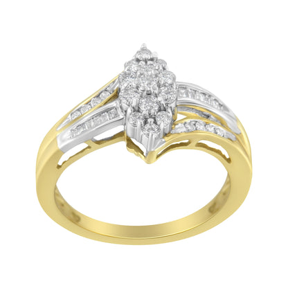 10K Yellow and White Gold 1/2 Cttw Diamond Marquise Shaped Cluster Split Shank Ring (H-I Color, SI2-I1 Clarity) - Size 7 Bids.com