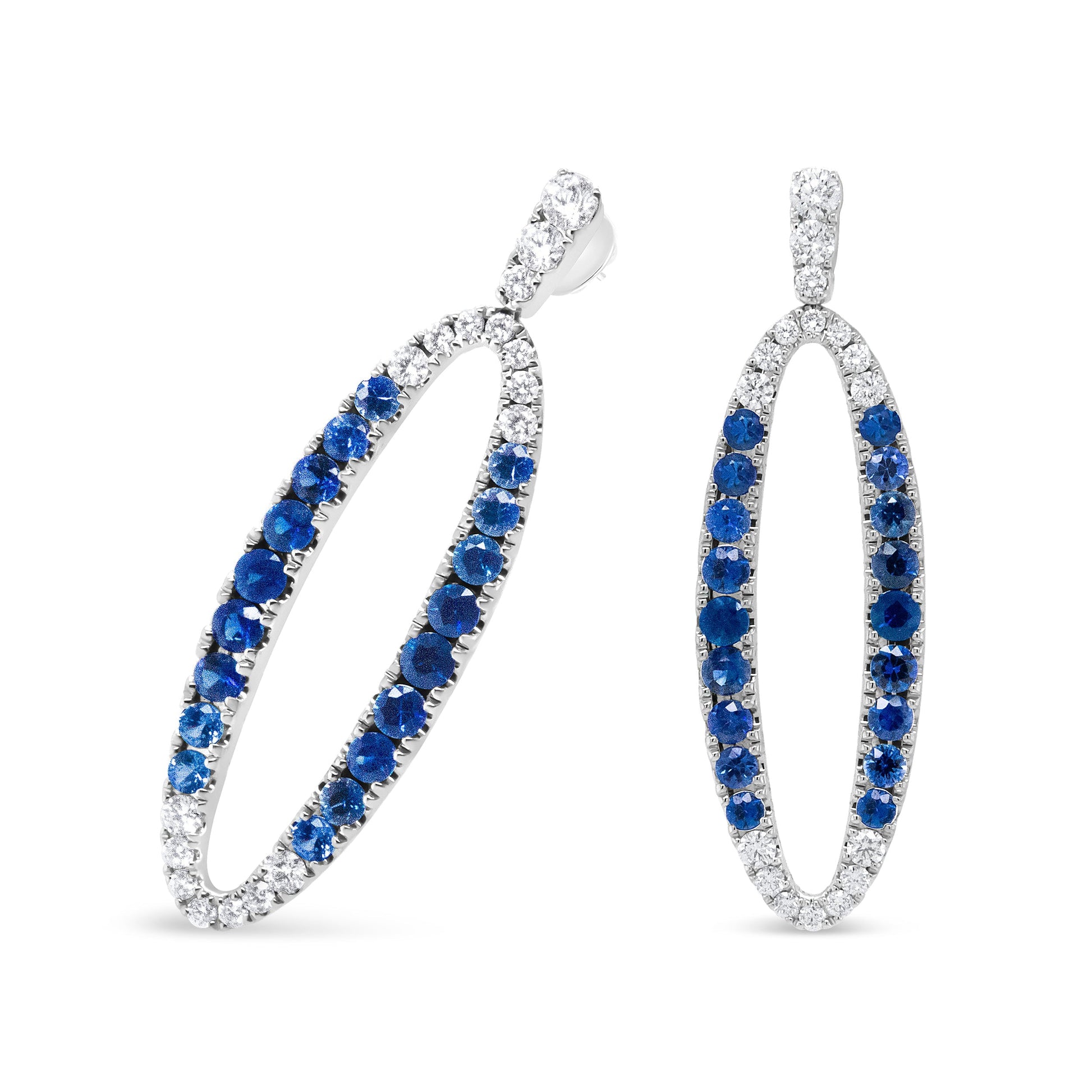 18K White Gold 1.11 Cttw Blue Round Diamond and Blue Sapphire Openwork Oval Shaped Dangle Earrings (F-G Color, VS1-VS2 Clarity) Bids.com
