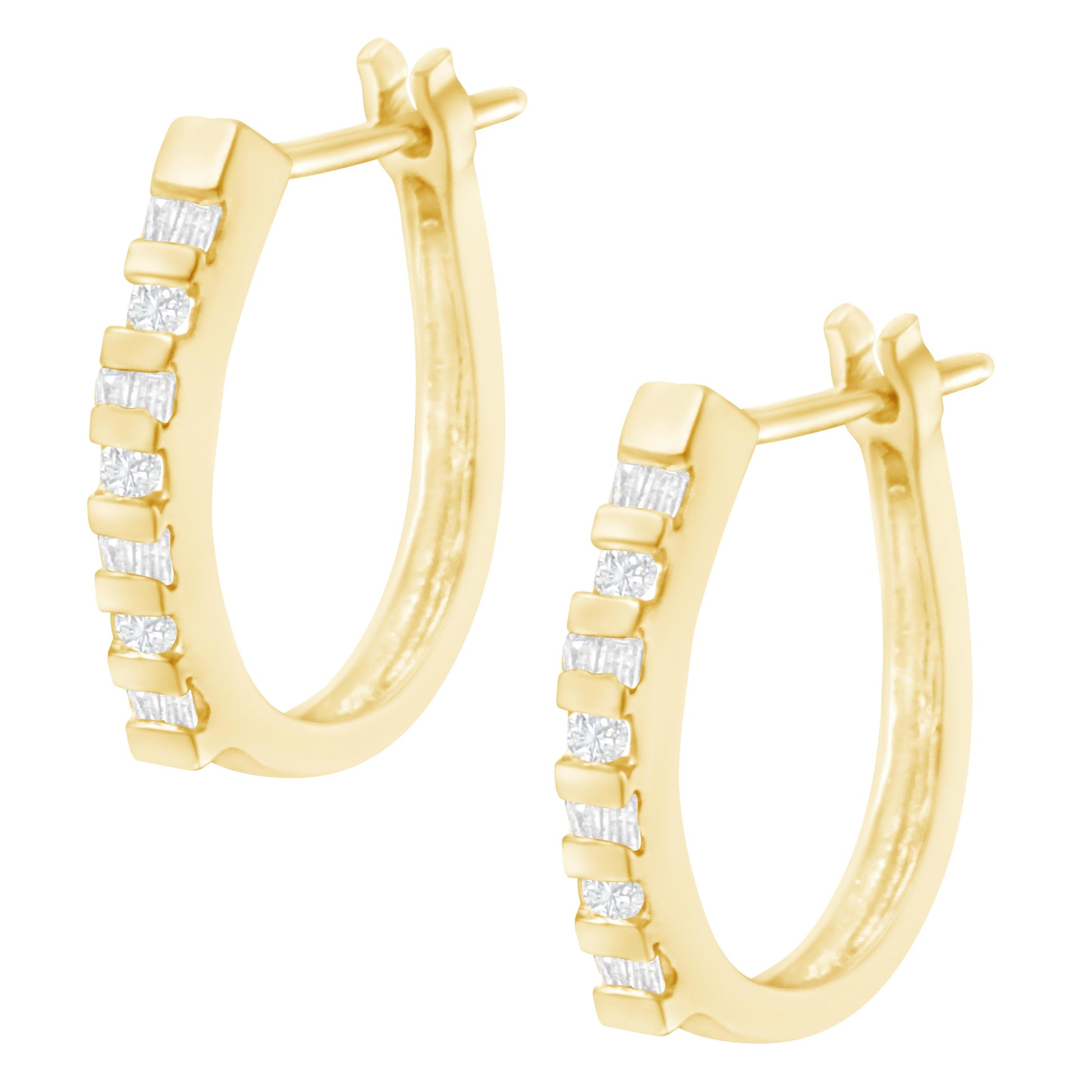10K Yellow Gold Round and Baguette Cut Diamond Oblong Hinged Leverback Hoop Earrings (Â¼ Cttw, I-J Color, I2-I3 Clarity) Bids.com