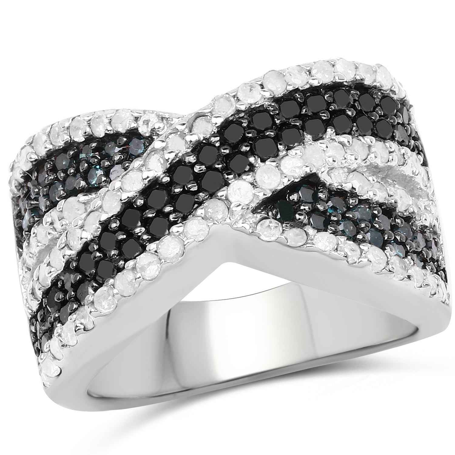 1.57 Carat Genuine Blue Diamond, White Diamond & Black Diamond .925 Sterling Silver Ring Bids.com