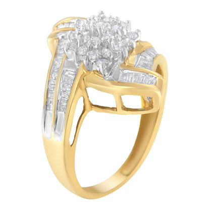 10K Yellow Gold Round and Baguette-Cut Diamond Bypass Cluster Ring (1.0 Cttw, I-J Color, I1-I2 Clarity) - Size 8 Bids.com