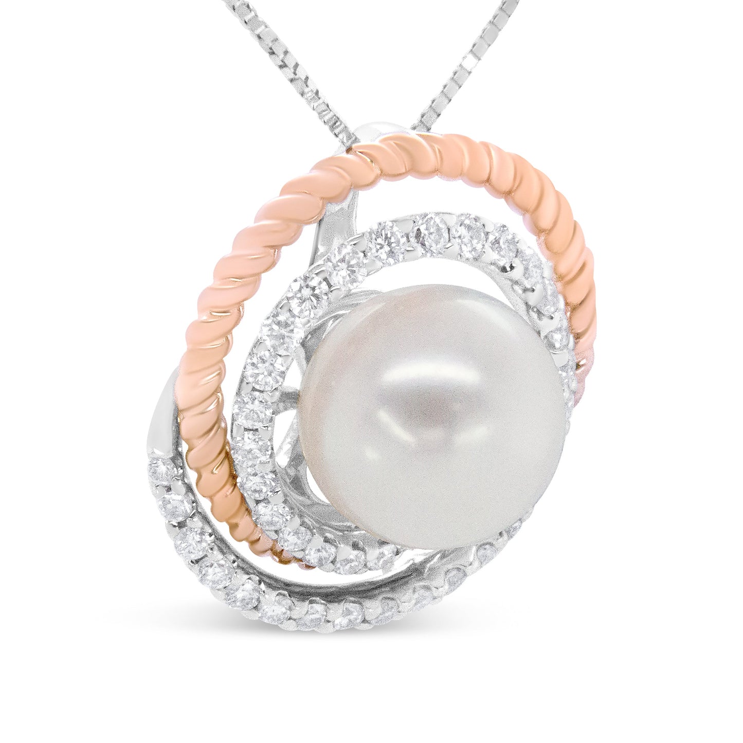14K Rose and White Gold 3/8 Cttw Pave Diamond and 9mm Round Pearl Spiral Openwork 18" Pendant Necklace- (H-I Color, VS1-VS2 Clarity) Bids.com