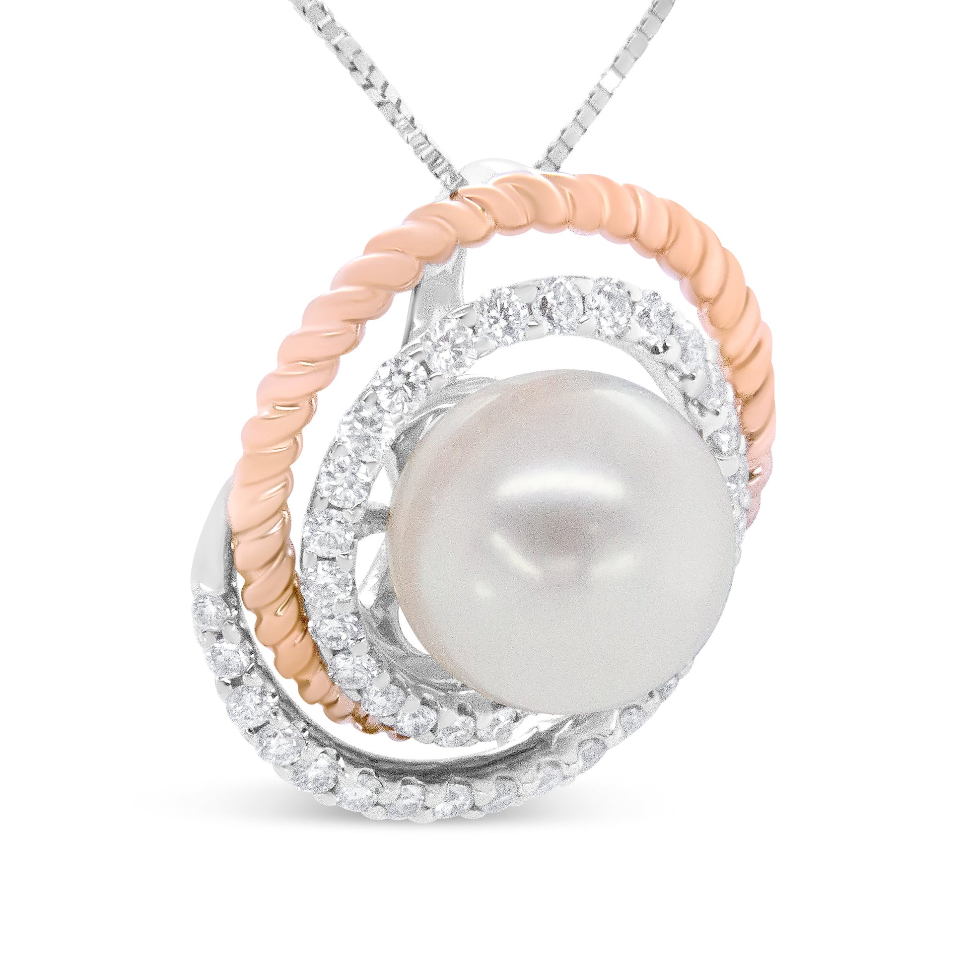 14K Rose and White Gold 3/8 Cttw Pave Diamond and 9mm Round Pearl Spiral Openwork 18" Pendant Necklace- (H-I Color, VS1-VS2 Clarity) Bids.com
