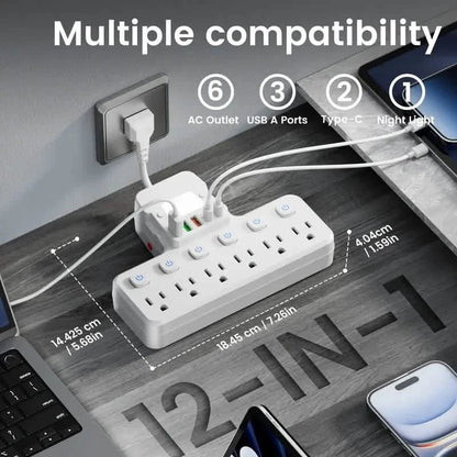 12-in-1 Adjustable Desk Lamp Power Strip – 6 AC Outlets, 3 USB-A & 2 Type-C Ports, Surge Protection DailySale