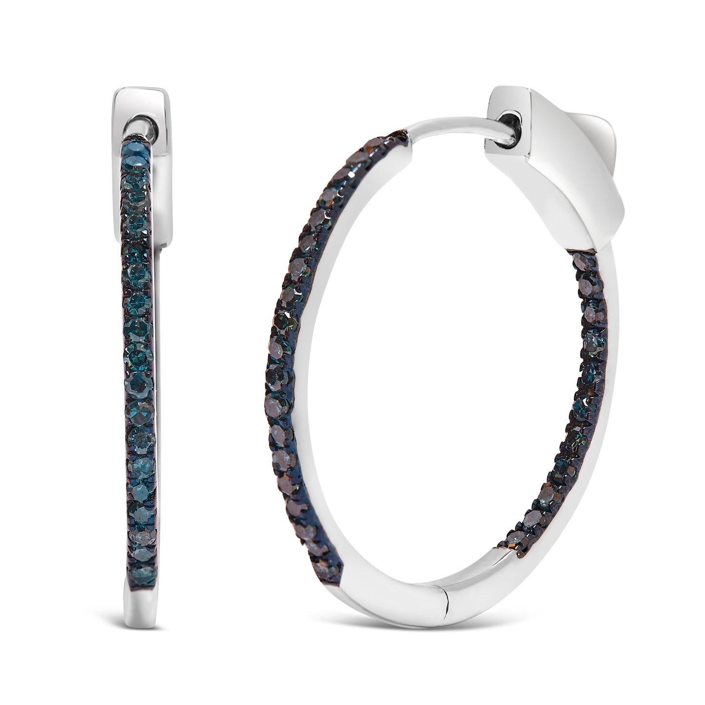 .925 Sterling Silver 1/3 Cttw Inside Out Blue Treated Diamond 1MM Wide Hoop Earrings (Blue Color, I2-I3 Clarity) Bids.com