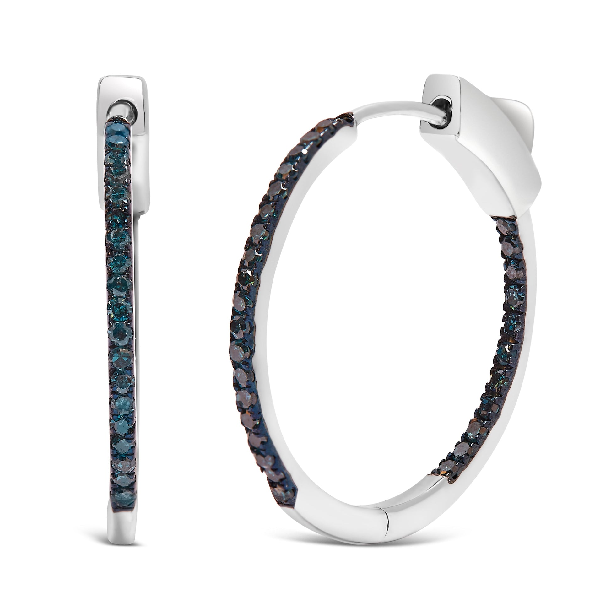 .925 Sterling Silver 1/3 Cttw Inside Out Blue Treated Diamond 1MM Wide Hoop Earrings (Blue Color, I2-I3 Clarity) Bids.com