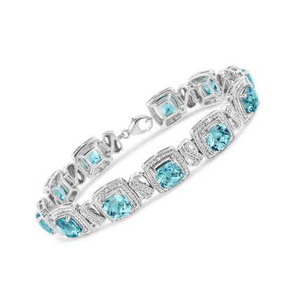 .925 Sterling Silver 7x7 mm Cushion Cut Blue Topaz and 1/10 Ctw Single Cut Diamond Square Shape Tennis Bracelet (I-J Color, I1-I2 Clarity) - 7" Bids.com