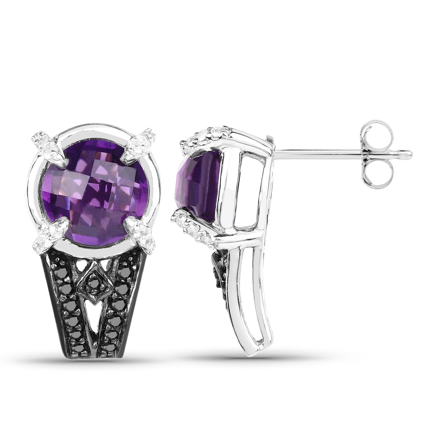 3.61 Carat Genuine Amethyst, Black Diamond and White Diamond .925 Sterling Silver Earrings Bids.com