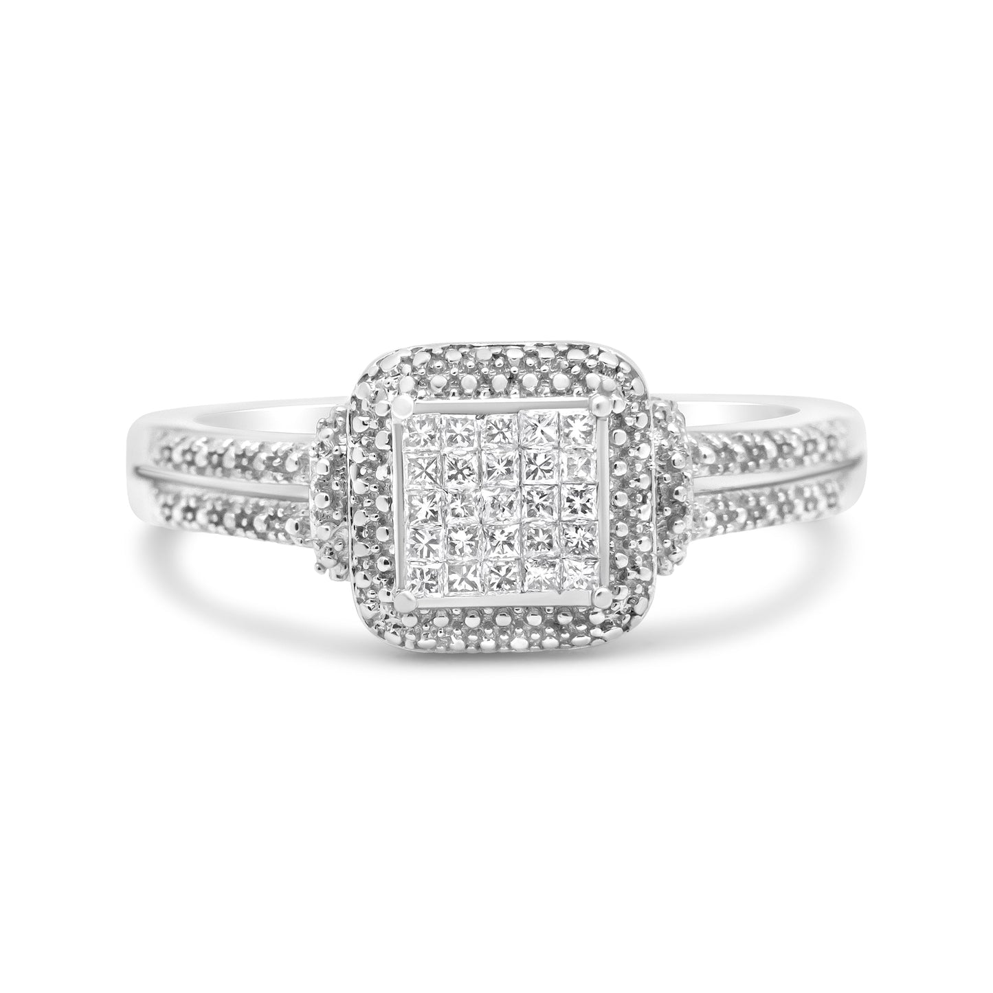 .925 Sterling Silver 1/4 Cttw Princess-cut Diamond Composite Ring with Beaded Halo (H-I Color, SI1-SI2 Clarity) - Size 7 Bids.com