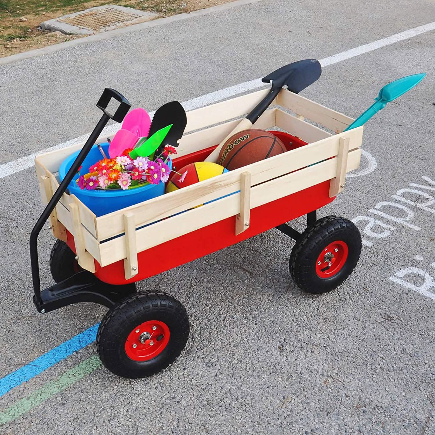 Children Outdoor Wagon All Terrain Pulling with Wood Railing Air Tires DailySale