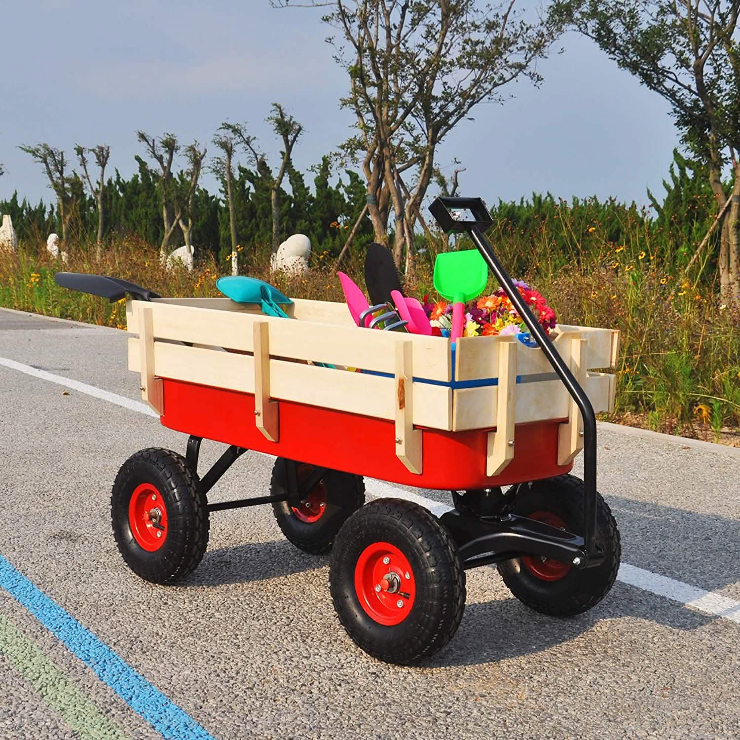 Children Outdoor Wagon All Terrain Pulling with Wood Railing Air Tires DailySale