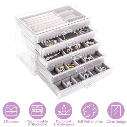 Clear Acrylic Jewelry Box Organizer with 5 Stackable Drawers DailySale