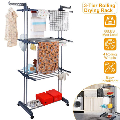Clothes Drying Rack Rolling Collapsible Laundry Dryer Hanger Stand Rail DailySale
