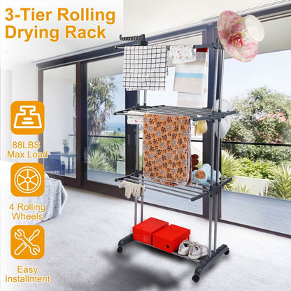 Clothes Drying Rack Rolling Collapsible Laundry Dryer Hanger Stand Rail DailySale