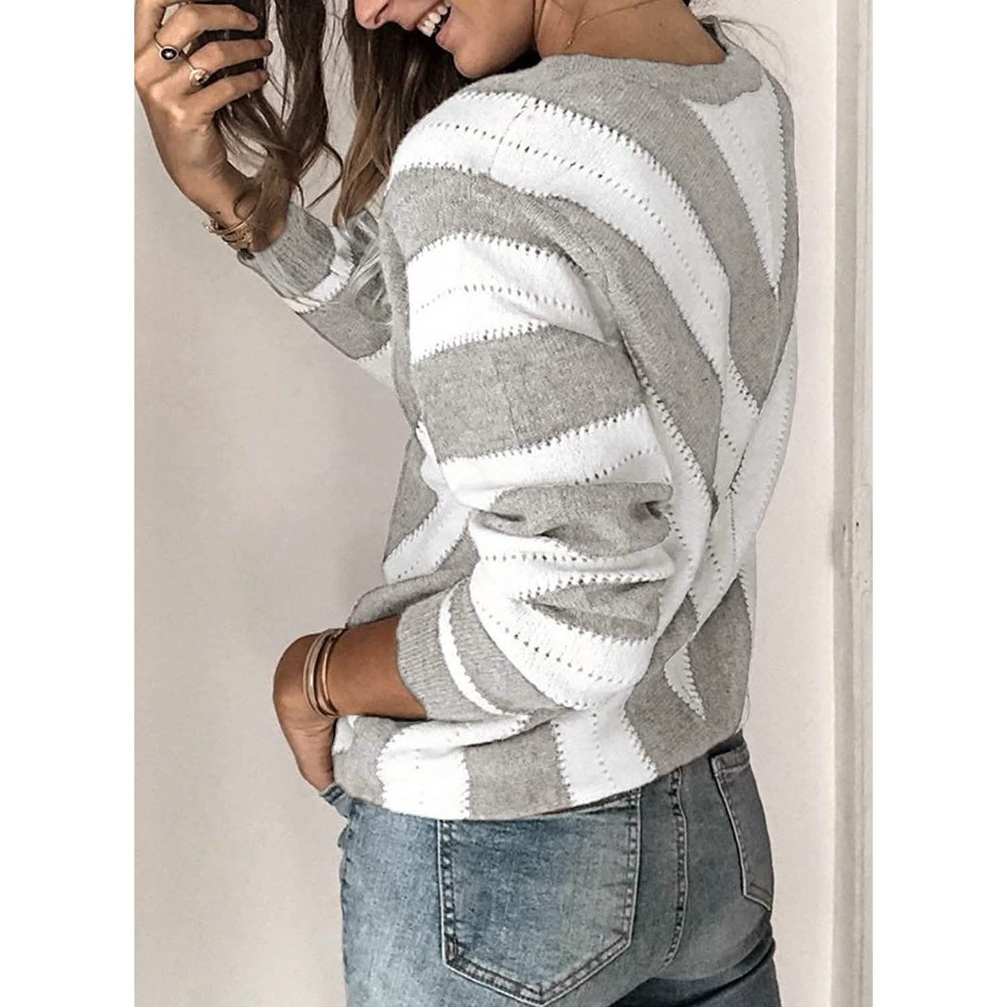 Color Block Striped V Neck Sweater for Women Long Sleeve Knit Pullover Jumper Tops DailySale