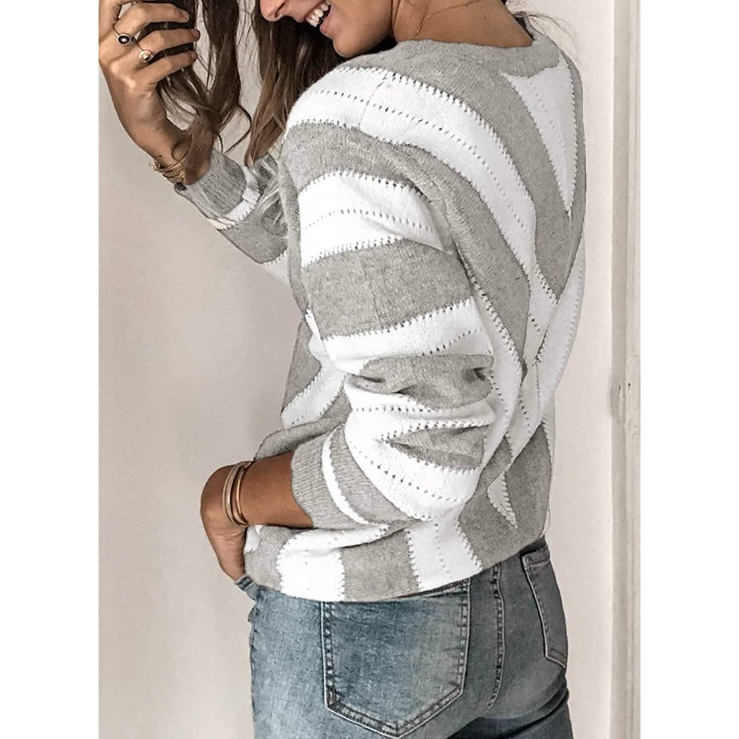 Color Block Striped V Neck Sweater for Women Long Sleeve Knit Pullover Jumper Tops DailySale