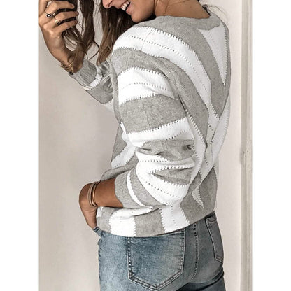 Color Block Striped V Neck Sweater for Women Long Sleeve Knit Pullover Jumper Tops DailySale