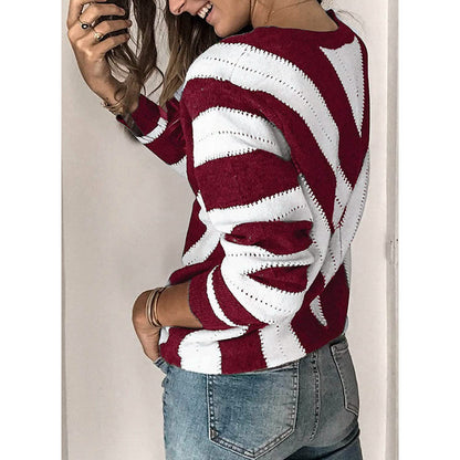 Color Block Striped V Neck Sweater for Women Long Sleeve Knit Pullover Jumper Tops DailySale
