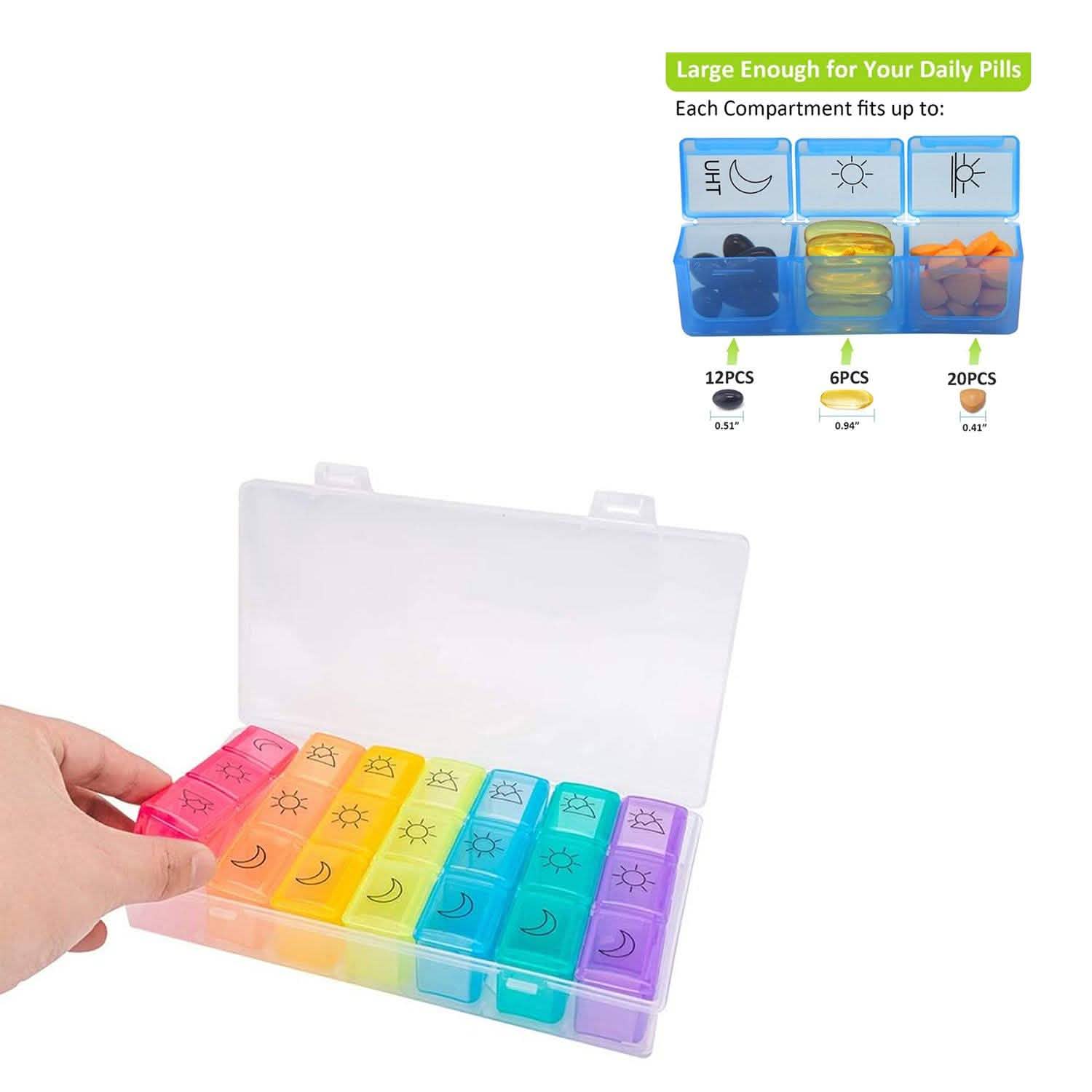 Colorful 3-Times Weekly Pills Vitamins Organizer With Large Compartments And Detachable Trays DailySale