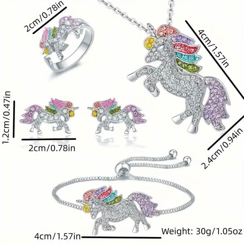 Colorful Cartoon-Themed Unicorn Earrings, Necklace, Ring & Bracelet Jewelry Set DailySale
