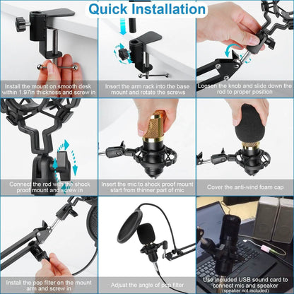 Condenser Microphone Bundle Shock Mount with Adjustable Boom Arm Sound Card DailySale