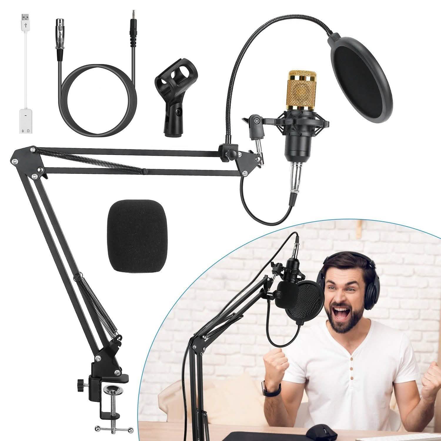 Condenser Microphone Bundle Shock Mount with Adjustable Boom Arm Sound Card DailySale
