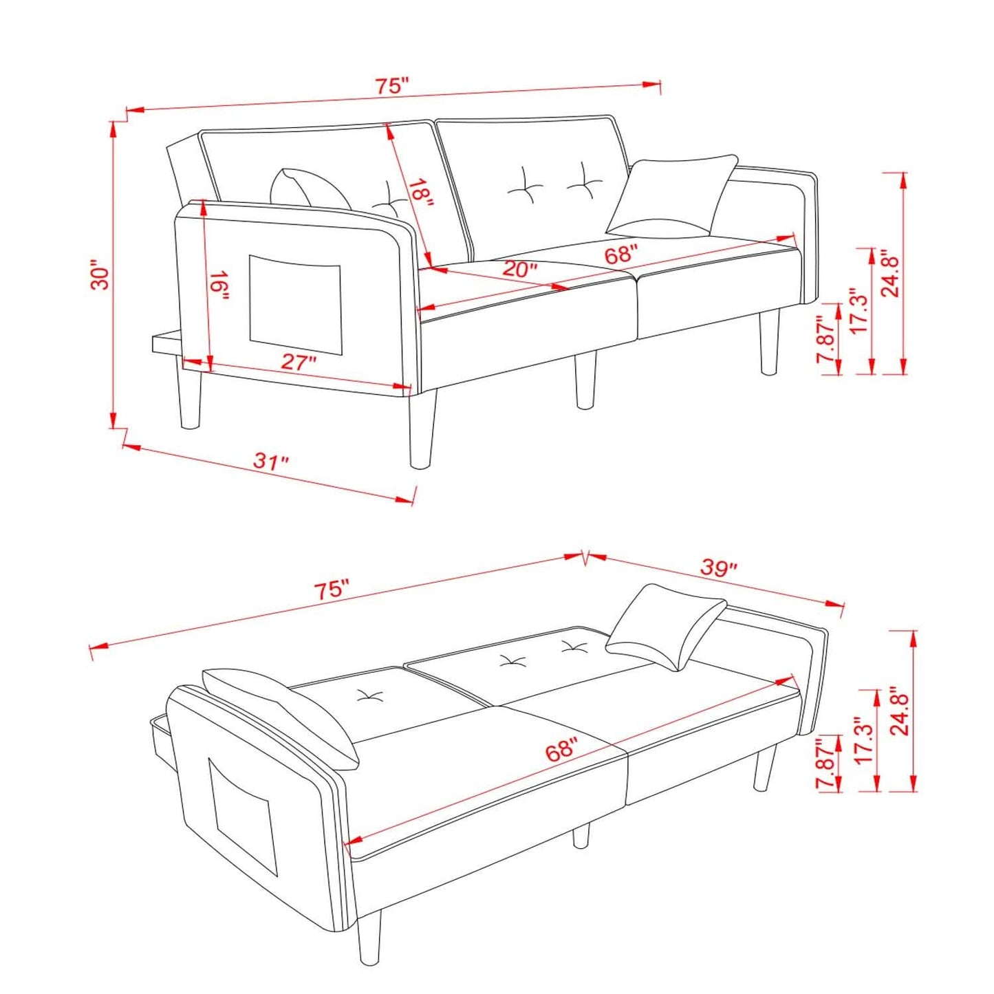 Convertible Futon Sofa Bed with 2 Pillows DailySale