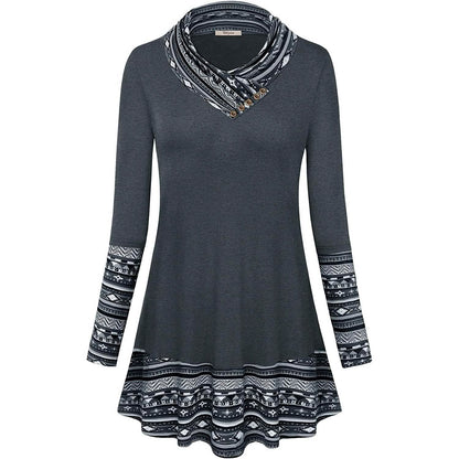 Cowl Neck Long Sleeve Patchwork Top DailySale