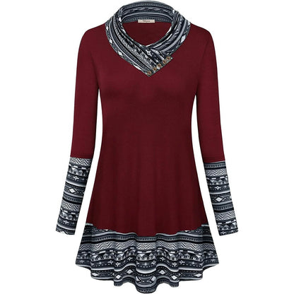 Cowl Neck Long Sleeve Patchwork Top DailySale