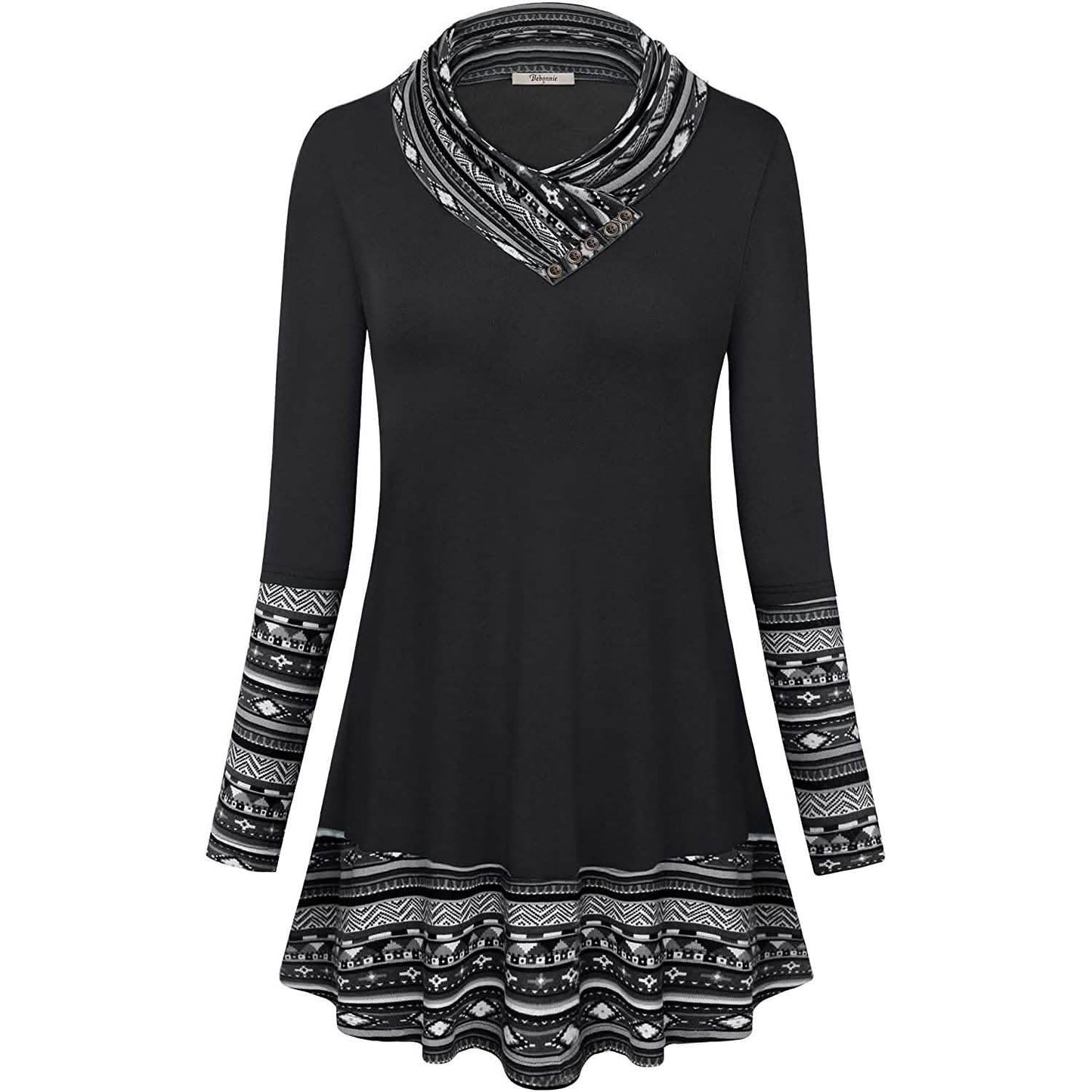 Cowl Neck Long Sleeve Patchwork Top DailySale