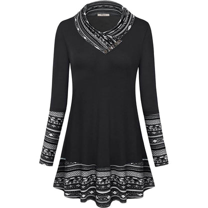 Cowl Neck Long Sleeve Patchwork Top DailySale