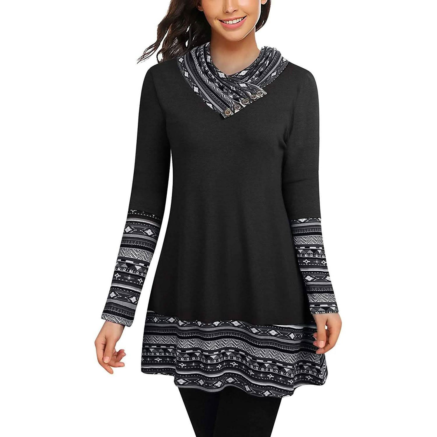 Cowl Neck Long Sleeve Patchwork Top DailySale