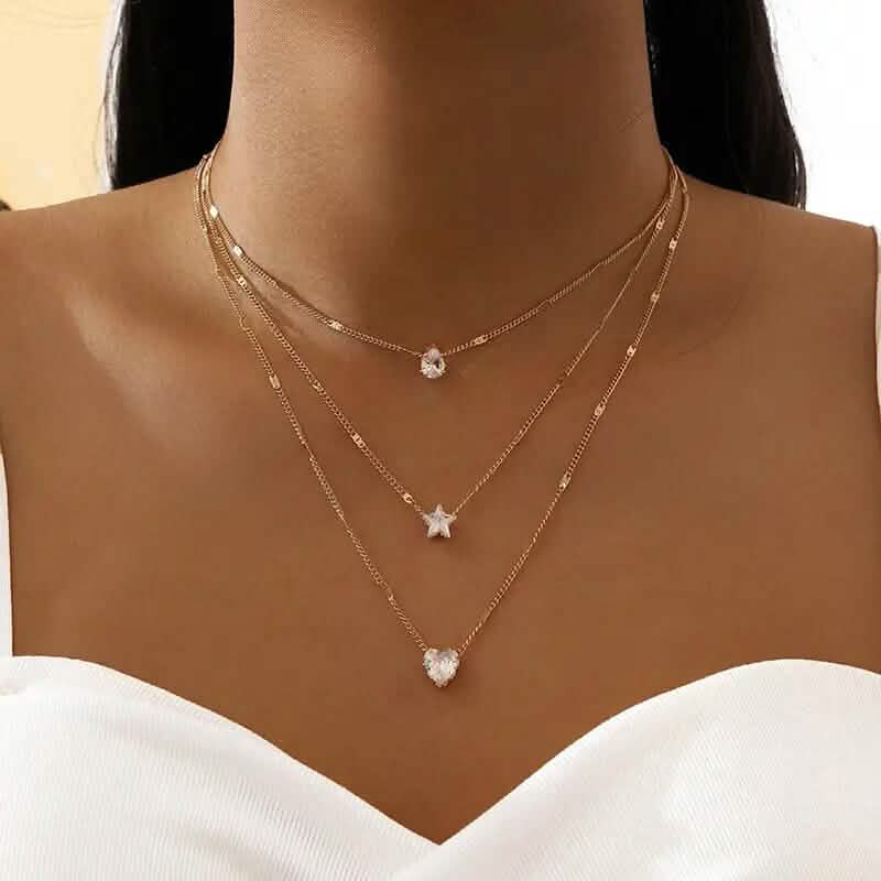 Crystal Zirconia Heart Star Charm Layered Pendant Necklace DailySale