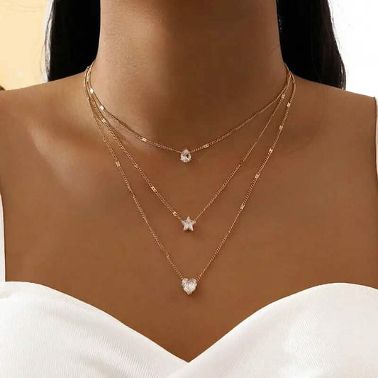 Crystal Zirconia Heart Star Charm Layered Pendant Necklace DailySale