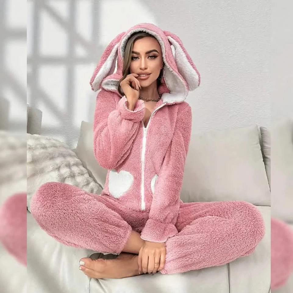 Cute Bunny Fuzzy Hooded Night Jumpsuit DailySale