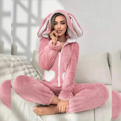 Cute Bunny Fuzzy Hooded Night Jumpsuit DailySale