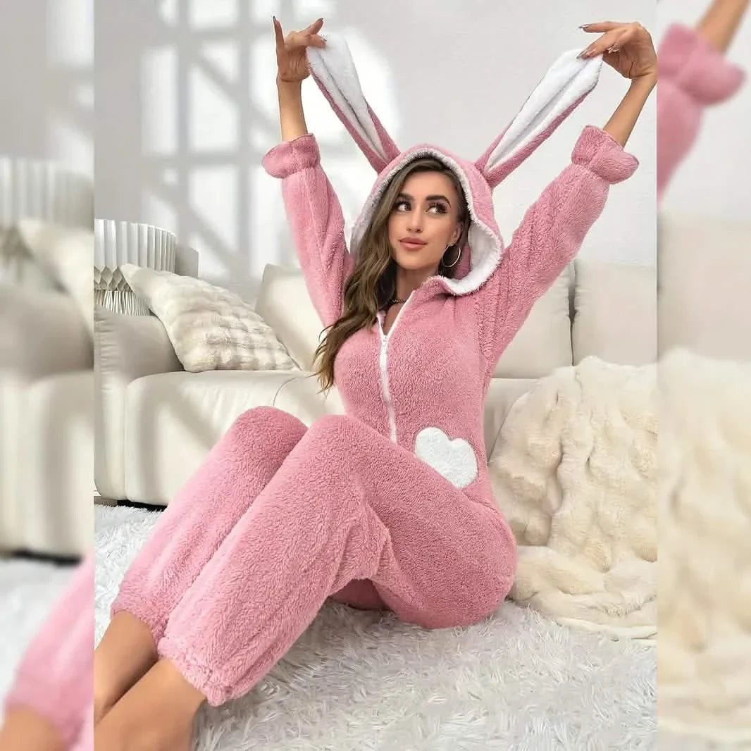 Cute Bunny Fuzzy Hooded Night Jumpsuit DailySale