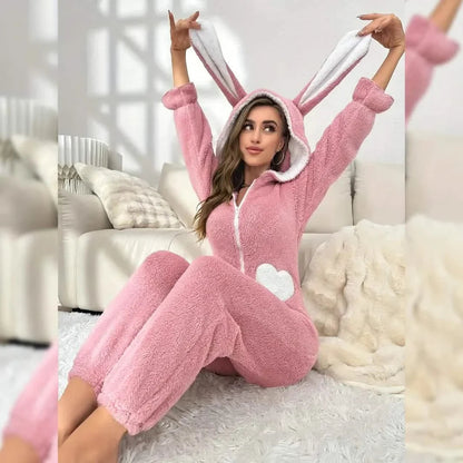 Cute Bunny Fuzzy Hooded Night Jumpsuit DailySale