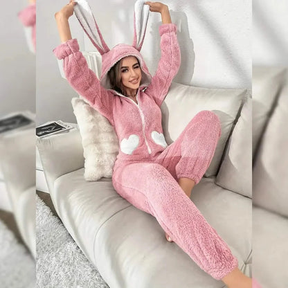Cute Bunny Fuzzy Hooded Night Jumpsuit DailySale