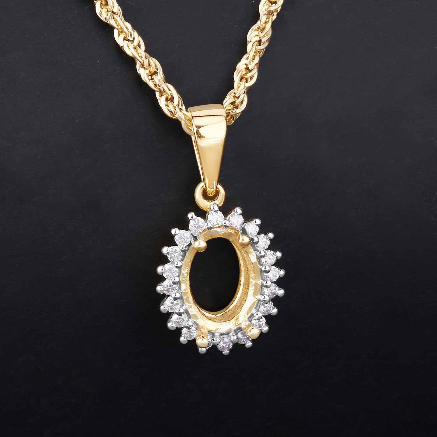 0.13 Carat Genuine White Diamond 14K Yellow Gold Semi Mount Pendant - holds 8x6mm Oval Gemstone Bids.com