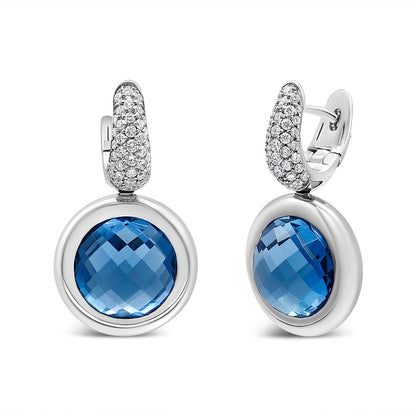 18K White Gold Bezel Set 11mm Blue Topaz and 1/2 Cttw Invisible Set Diamond Bale Dangle Earrings (F-G Color, VS1-VS2 Clarity) Bids.com